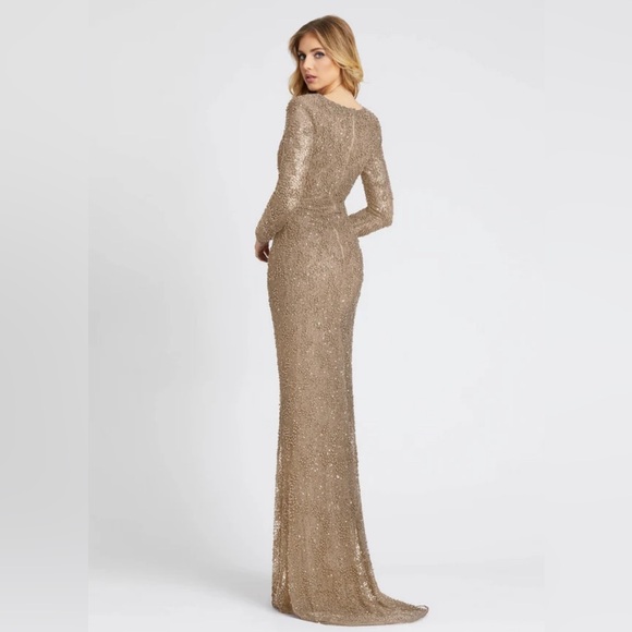 Beaded illusion plunge v neckline long sleeve down - Picture 2 of 3